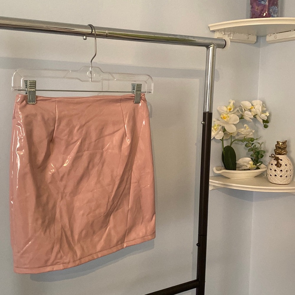 Petal pink patent leather mini skirt